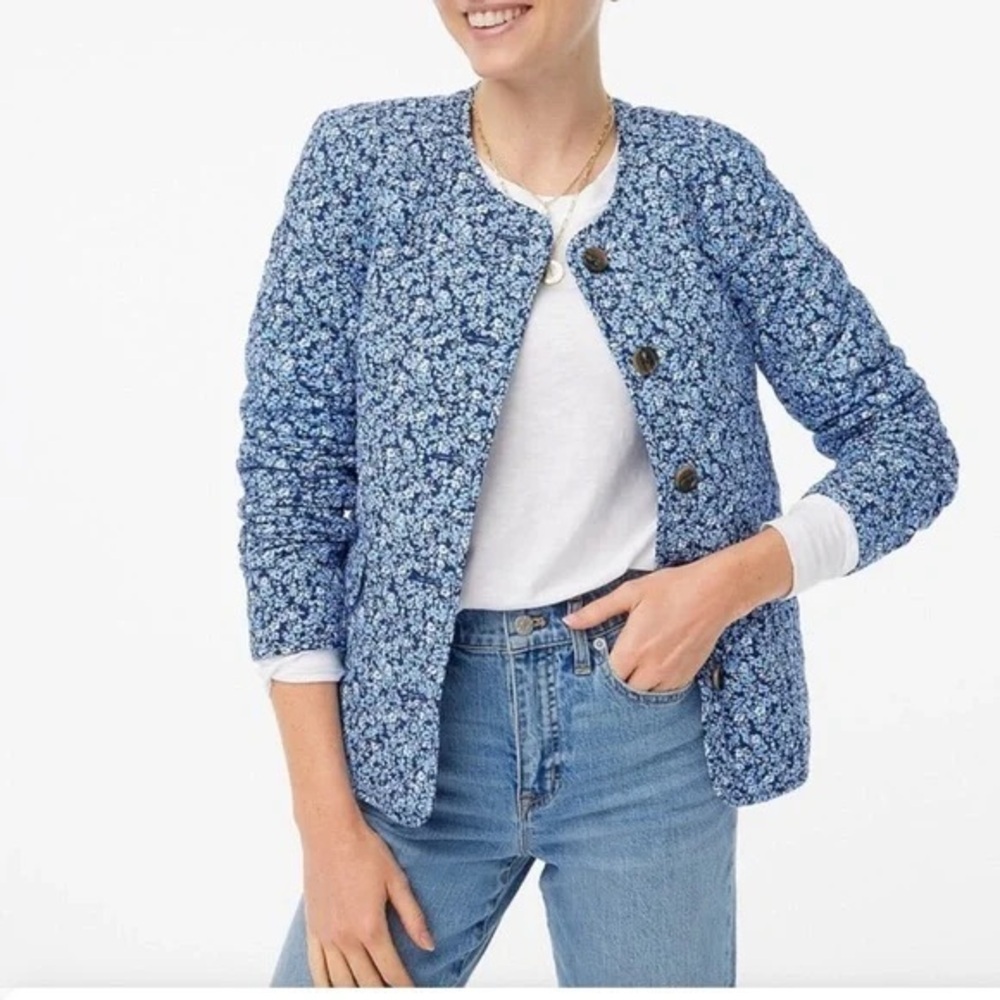 J. Crew Blue Floral Quilted Jacket Women’s Size 00 Cottagecore Button Front